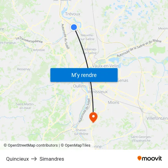 Quincieux to Simandres map