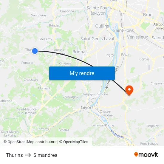Thurins to Simandres map
