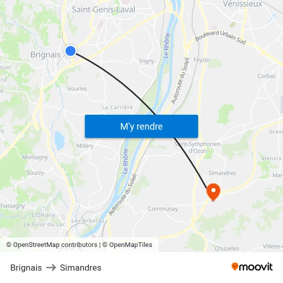 Brignais to Simandres map