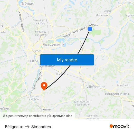 Béligneux to Simandres map