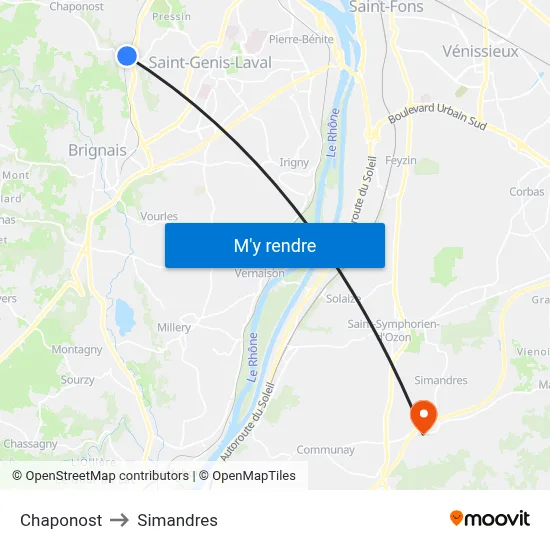 Chaponost to Simandres map