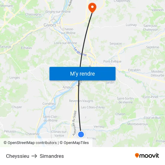 Cheyssieu to Simandres map