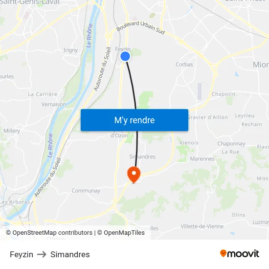 Feyzin to Simandres map