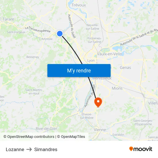 Lozanne to Simandres map