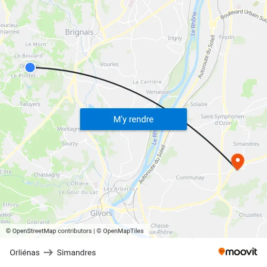 Orliénas to Simandres map