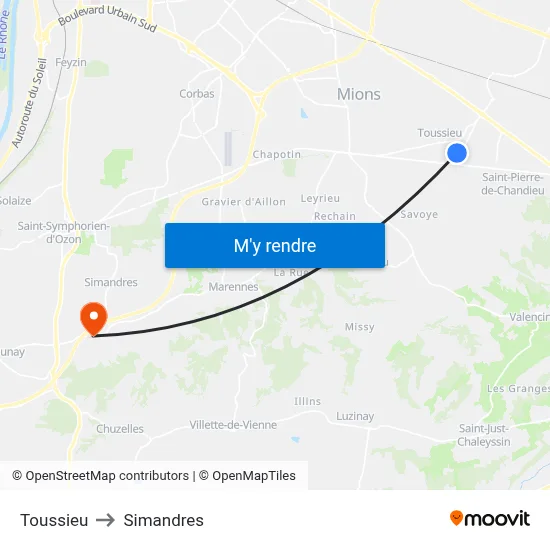 Toussieu to Simandres map