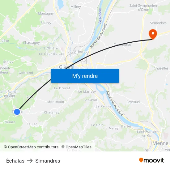 Échalas to Simandres map