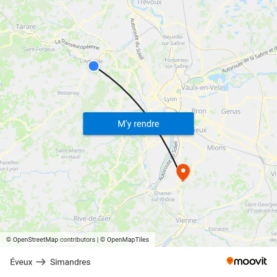 Éveux to Simandres map