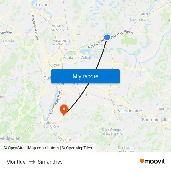 Montluel to Simandres map