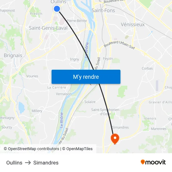 Oullins to Simandres map