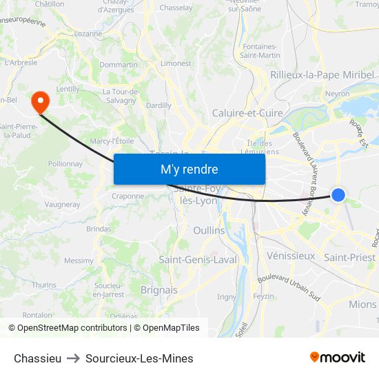 Chassieu to Sourcieux-Les-Mines map