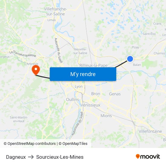 Dagneux to Sourcieux-Les-Mines map