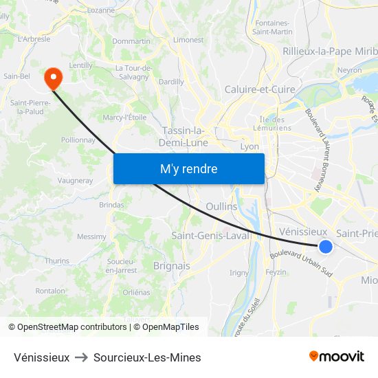 Vénissieux to Sourcieux-Les-Mines map