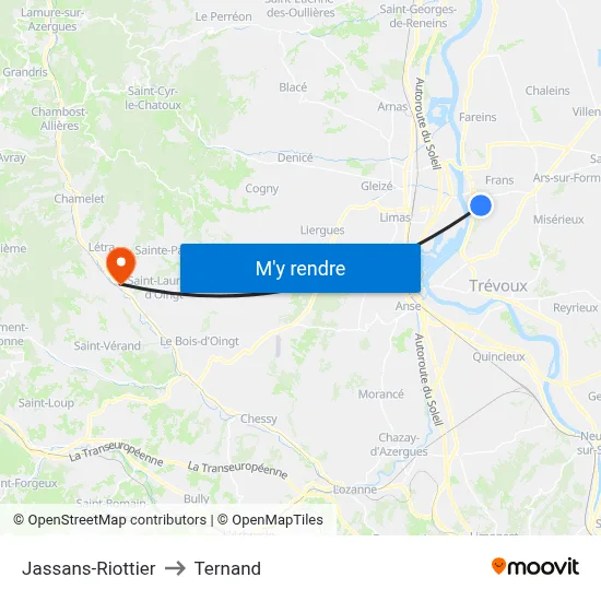 Jassans-Riottier to Ternand map