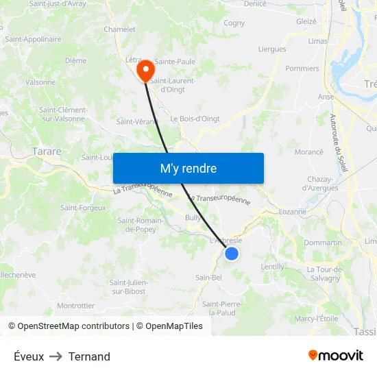 Éveux to Ternand map