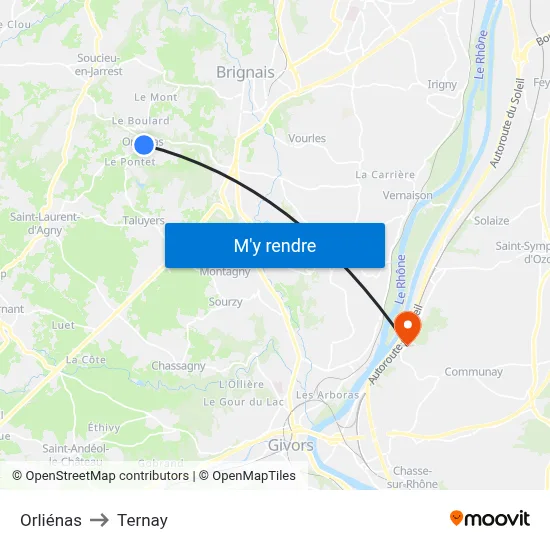 Orliénas to Ternay map
