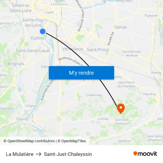 La Mulatière to Saint-Just-Chaleyssin map