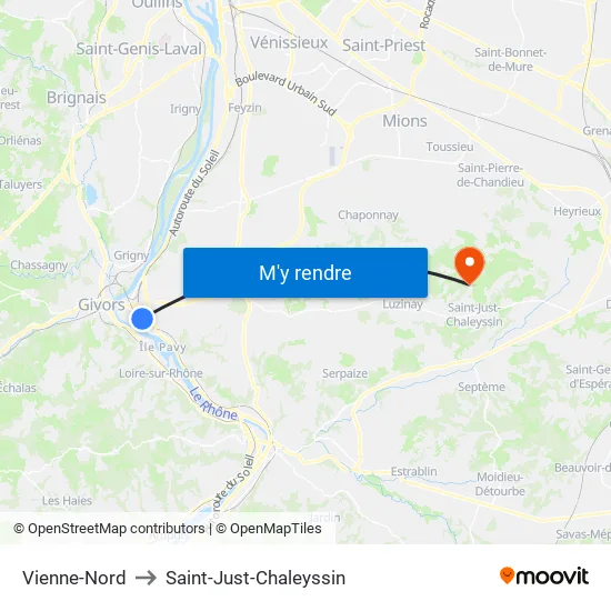 Vienne-Nord to Saint-Just-Chaleyssin map