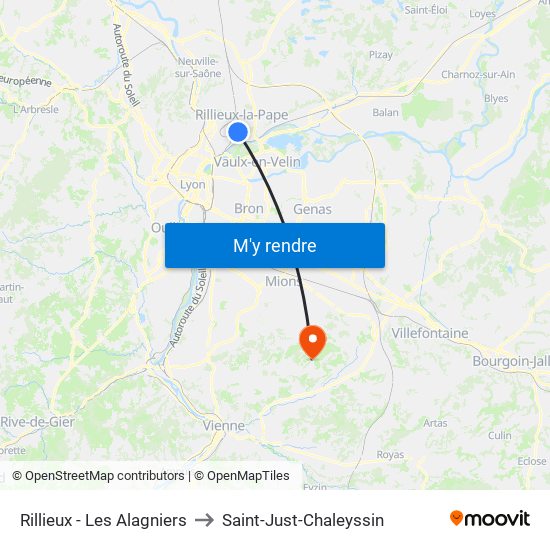 Rillieux - Les Alagniers to Saint-Just-Chaleyssin map