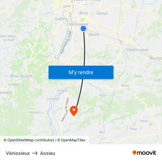 Vénissieux to Assieu map
