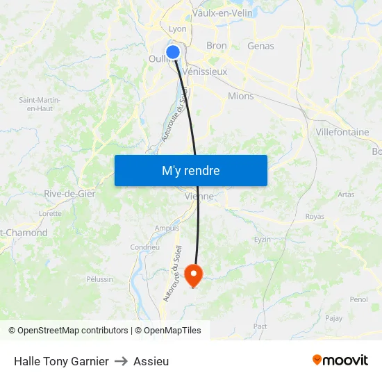 Halle Tony Garnier to Assieu map