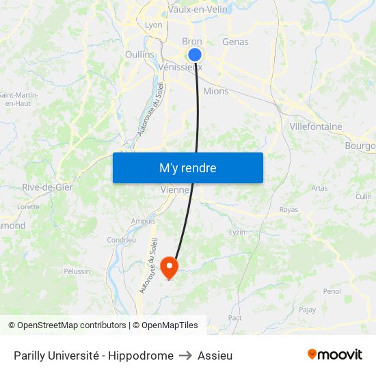 Parilly Université - Hippodrome to Assieu map