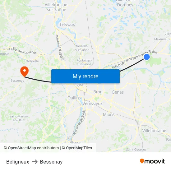 Béligneux to Bessenay map
