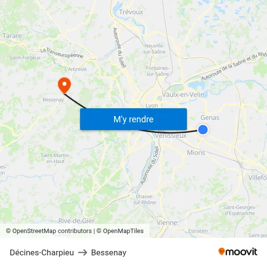 Décines-Charpieu to Bessenay map
