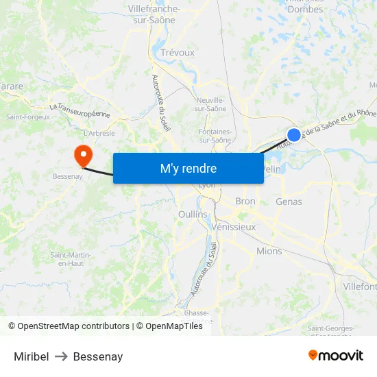 Miribel to Bessenay map