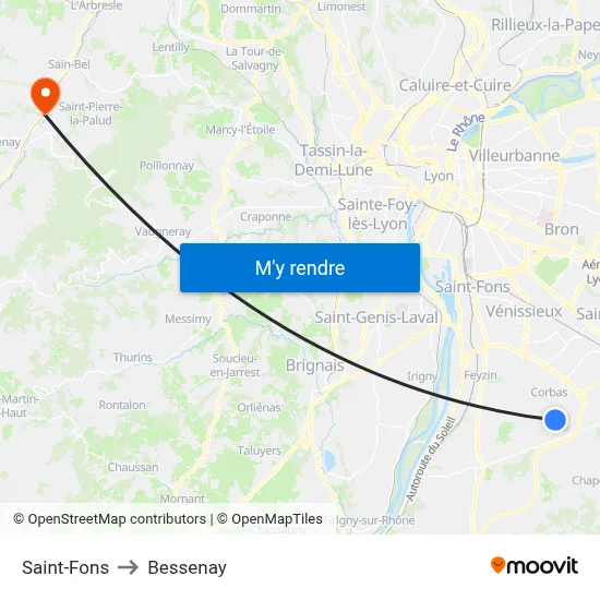 Saint-Fons to Bessenay map