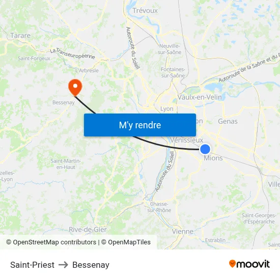 Saint-Priest to Bessenay map