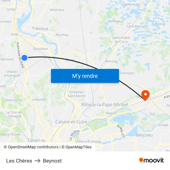 Les Chères to Beynost map