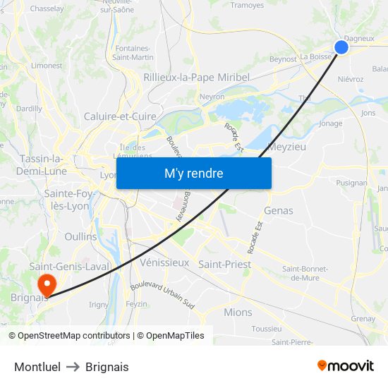 Montluel to Brignais map