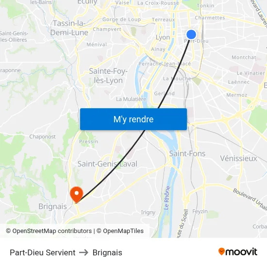 Part-Dieu Servient to Brignais map