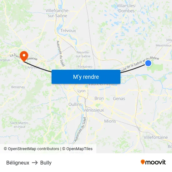 Béligneux to Bully map