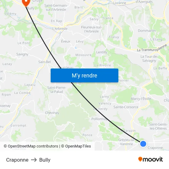 Craponne to Bully map