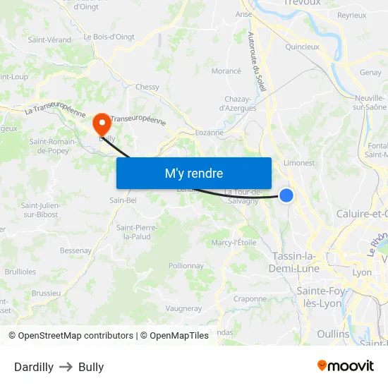 Dardilly to Bully map