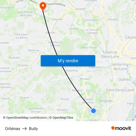 Orliénas to Bully map