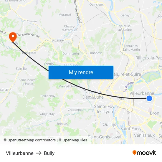 Villeurbanne to Bully map