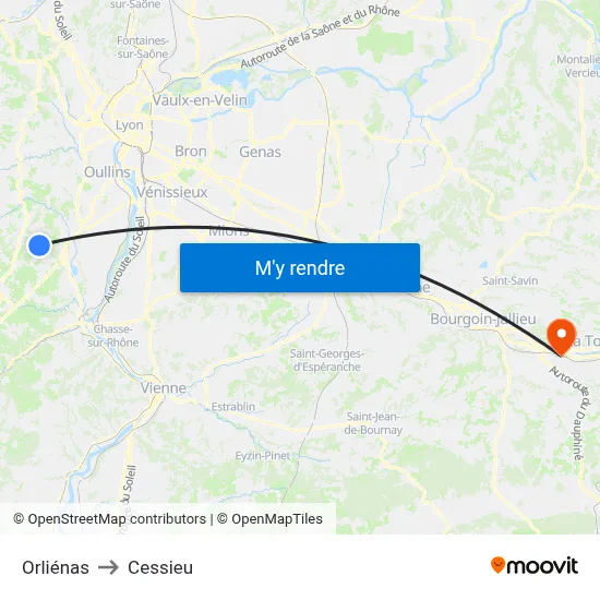Orliénas to Cessieu map