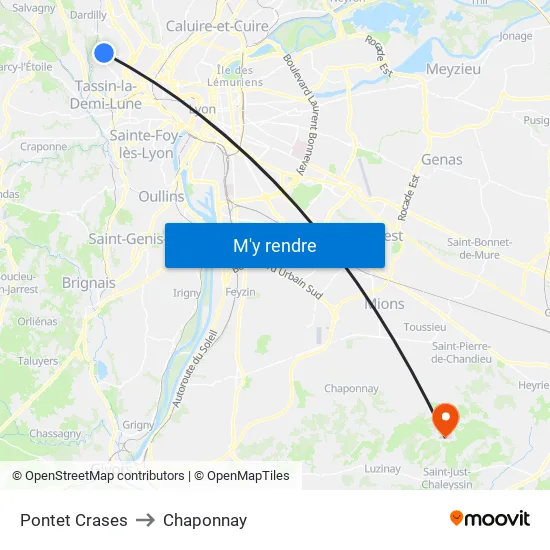 Pontet Crases to Chaponnay map