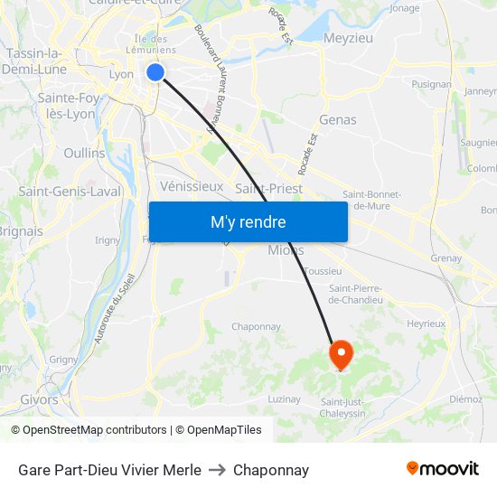 Gare Part-Dieu Vivier Merle to Chaponnay map