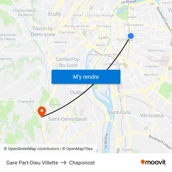 Gare Part-Dieu Villette to Chaponost map