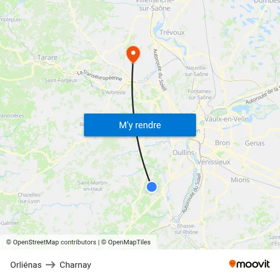 Orliénas to Charnay map