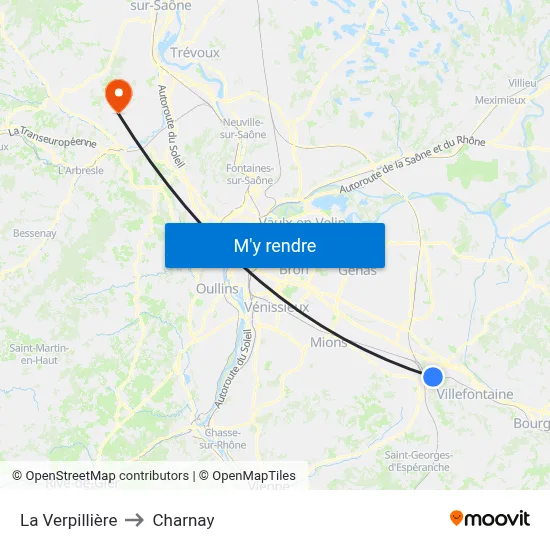 La Verpillière to Charnay map