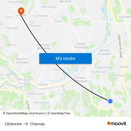L'Arbresle to Charnay map
