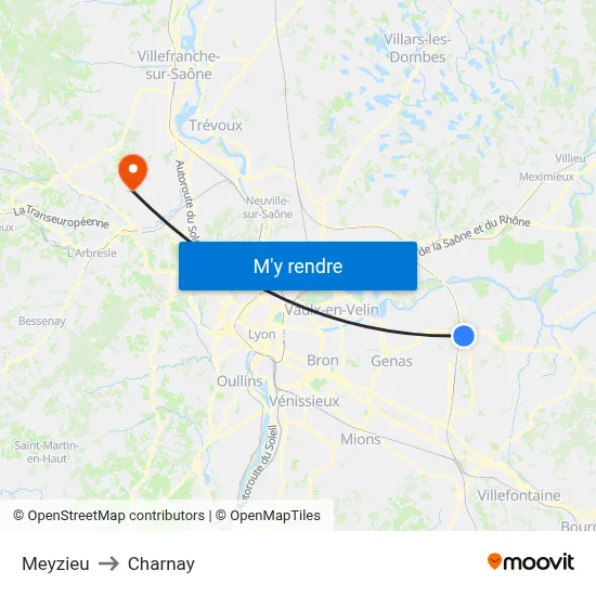 Meyzieu to Charnay map