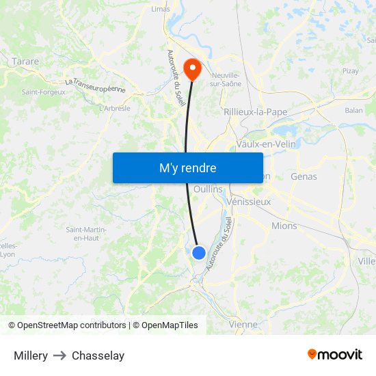 Millery to Chasselay map