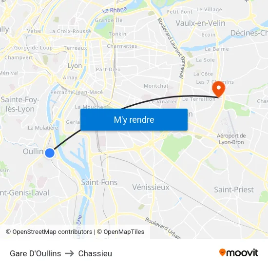 Gare D'Oullins to Chassieu map