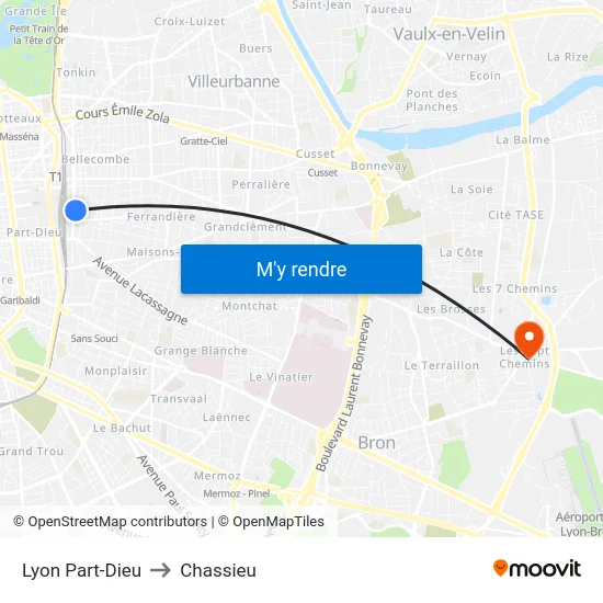 Lyon Part-Dieu to Chassieu map